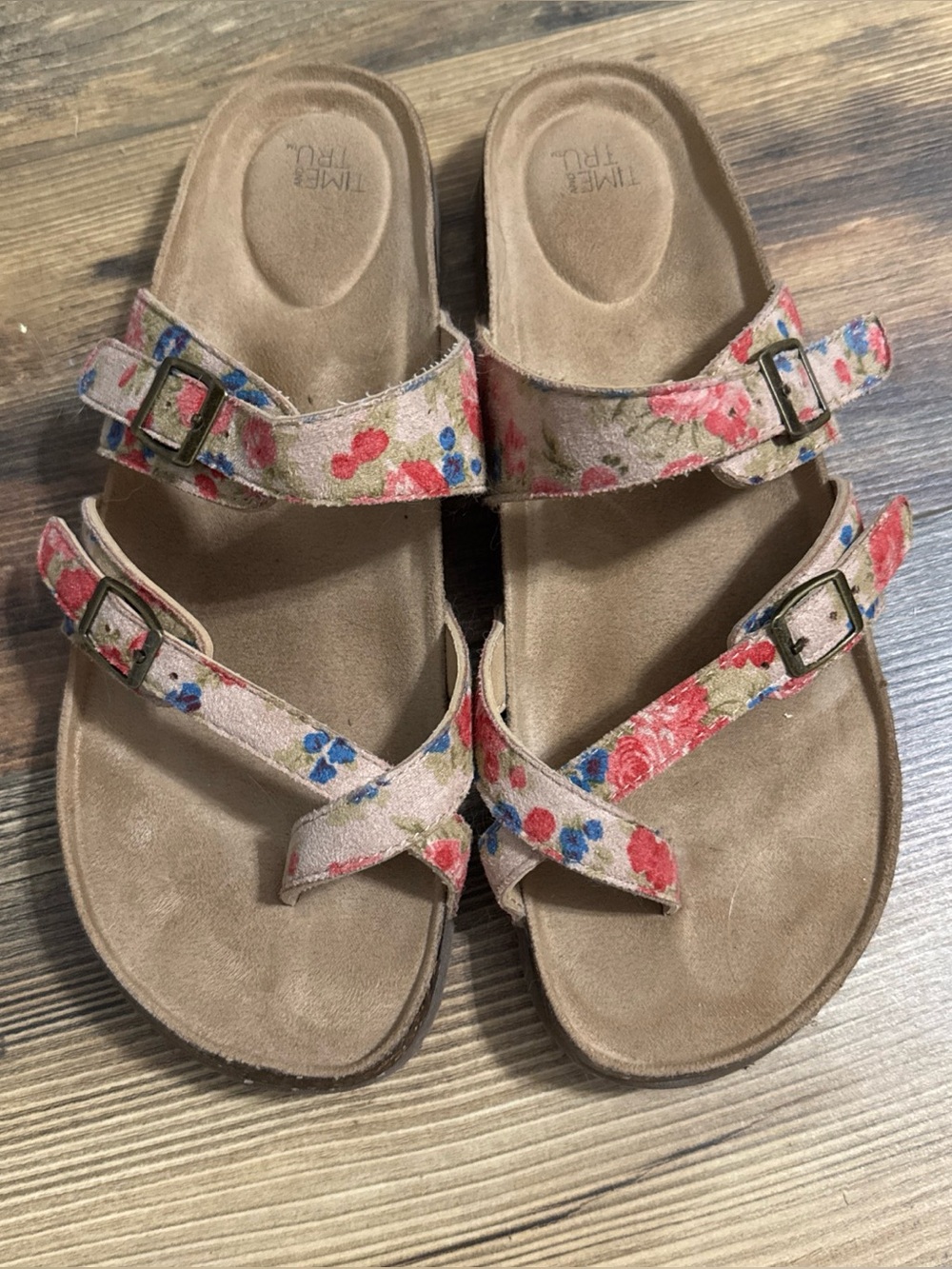 Time And Tru Floral Thong Footbed Slide Sandals Women Size 11 Slip On Faux Suede